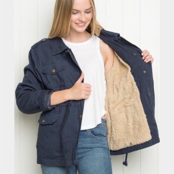 BRANDY MELVILLE Navy Doris Jacket with Fur Lining Navy Blue Anorak - Picture 1 of 8